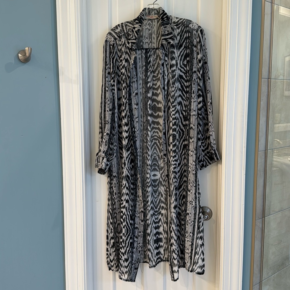 Orange Fashion Village sheer black and white button front topper